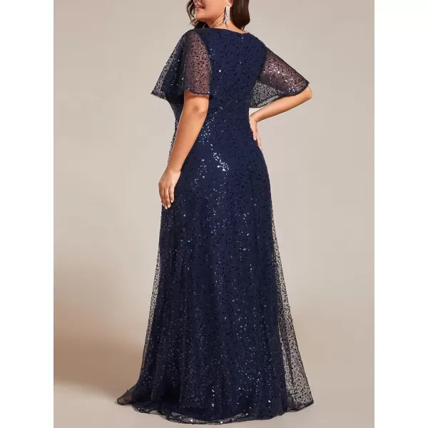 EverPretty Womens V Neck Short Sleeves Plus Size Sequin A Line Maxi Evening DressesAnavy Blue