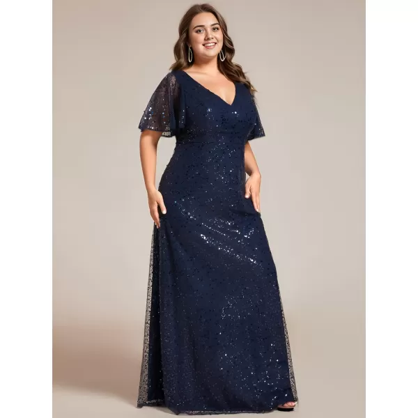 EverPretty Womens V Neck Short Sleeves Plus Size Sequin A Line Maxi Evening DressesAnavy Blue