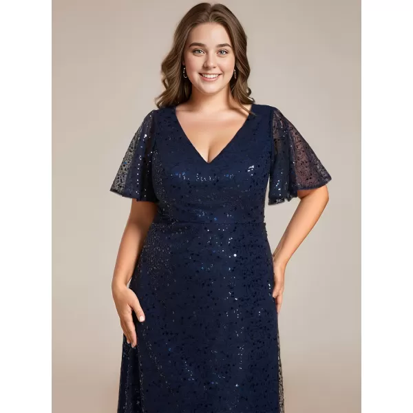 EverPretty Womens V Neck Short Sleeves Plus Size Sequin A Line Maxi Evening DressesAnavy Blue
