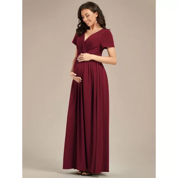 EverPretty Womens V Neck Short Sleeves Ruched Waist A Line Floor Length Maxi Maternity Dress Wrap Dress 01800EYBurgundy