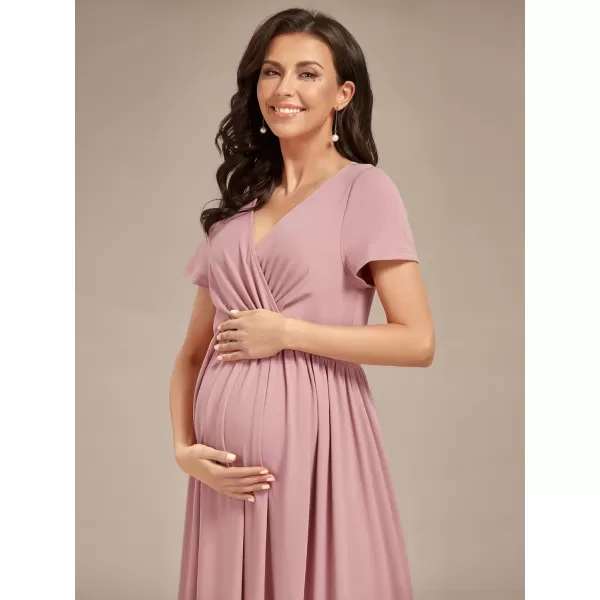 EverPretty Womens V Neck Short Sleeves Ruched Waist A Line Floor Length Maxi Maternity Dress Wrap Dress 01800EYDusty Rose