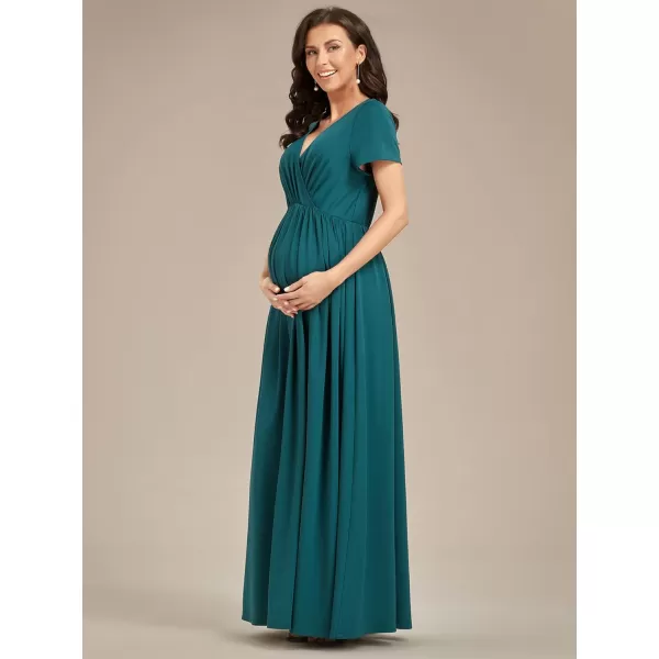 EverPretty Womens V Neck Short Sleeves Ruched Waist A Line Floor Length Maxi Maternity Dress Wrap Dress 01800EYTeal