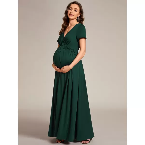 EverPretty Womens V Neck Short Sleeves Ruched Waist A Line Floor Length Maxi Maternity Dress Wrap Dress 01800USADark Green
