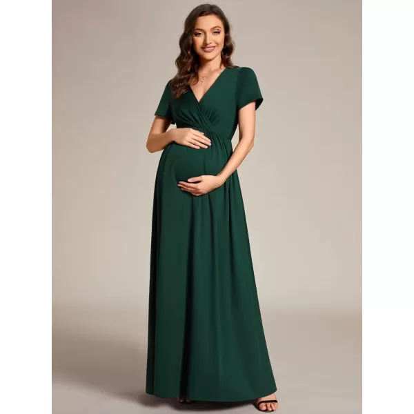 EverPretty Womens V Neck Short Sleeves Ruched Waist A Line Floor Length Maxi Maternity Dress Wrap Dress 01800USADark Green