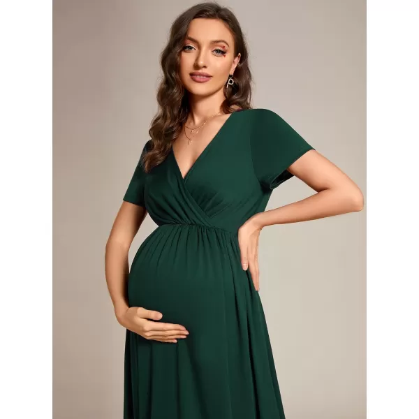 EverPretty Womens V Neck Short Sleeves Ruched Waist A Line Floor Length Maxi Maternity Dress Wrap Dress 01800USADark Green