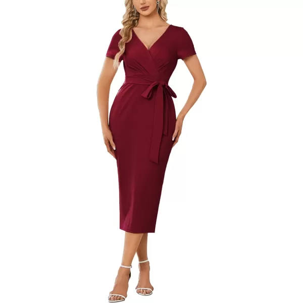 EverPretty Womens V Neck Short Sleeves Wrap Pleated Spring Midi Sheath Dresses 01783Burgundy