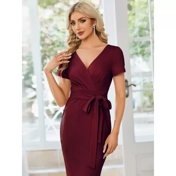 EverPretty Womens V Neck Short Sleeves Wrap Pleated Spring Midi Sheath Dresses 01783Burgundy