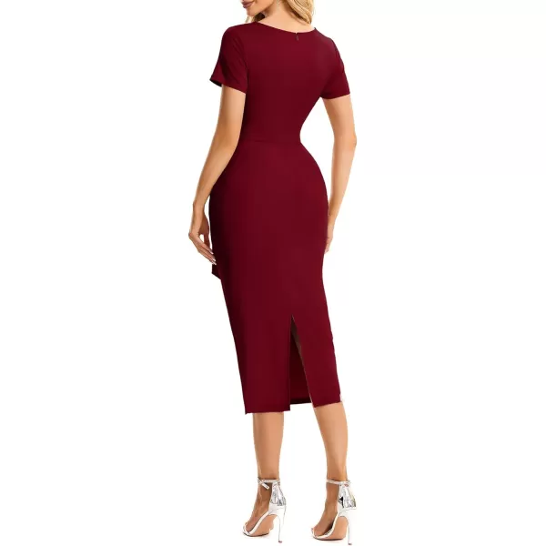 EverPretty Womens V Neck Short Sleeves Wrap Pleated Spring Midi Sheath Dresses 01783Burgundy