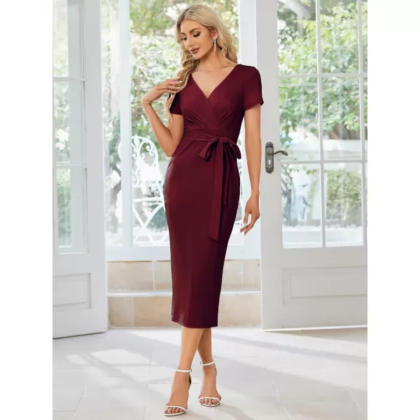 EverPretty Womens V Neck Short Sleeves Wrap Pleated Spring Midi Sheath Dresses 01783Burgundy