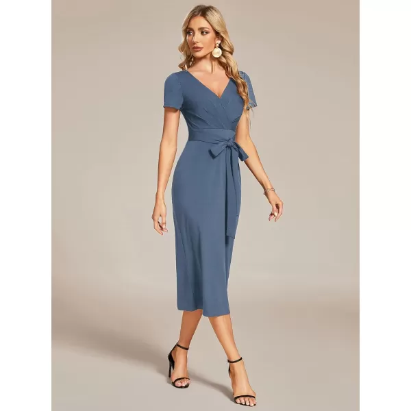 EverPretty Womens V Neck Short Sleeves Wrap Pleated Spring Midi Sheath Dresses 01783Dusty Navy