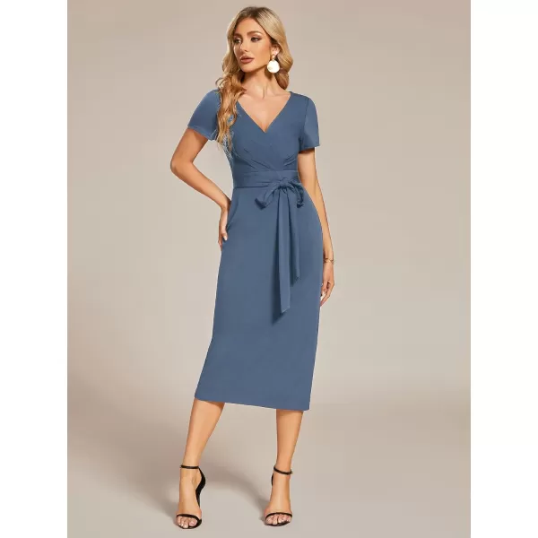 EverPretty Womens V Neck Short Sleeves Wrap Pleated Spring Midi Sheath Dresses 01783Dusty Navy