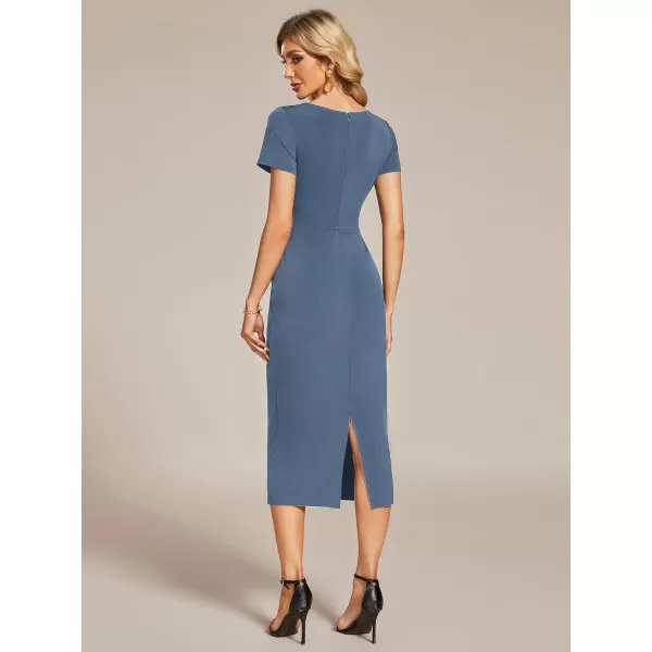 EverPretty Womens V Neck Short Sleeves Wrap Pleated Spring Midi Sheath Dresses 01783Dusty Navy