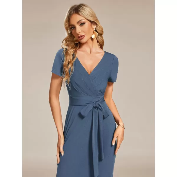 EverPretty Womens V Neck Short Sleeves Wrap Pleated Spring Midi Sheath Dresses 01783Dusty Navy