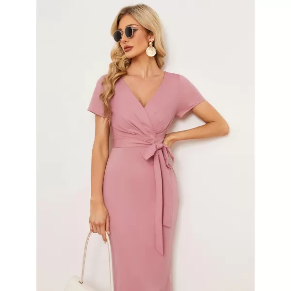EverPretty Womens V Neck Short Sleeves Wrap Pleated Spring Midi Sheath Dresses 01783Dusty Rose