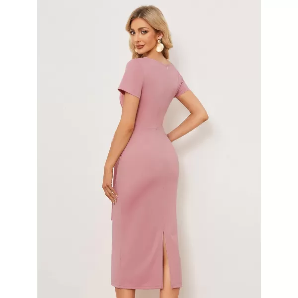 EverPretty Womens V Neck Short Sleeves Wrap Pleated Spring Midi Sheath Dresses 01783Dusty Rose