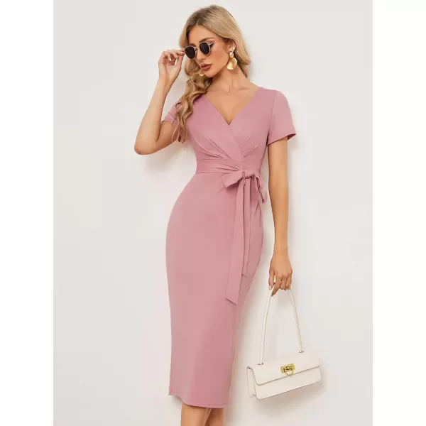 EverPretty Womens V Neck Short Sleeves Wrap Pleated Spring Midi Sheath Dresses 01783Dusty Rose