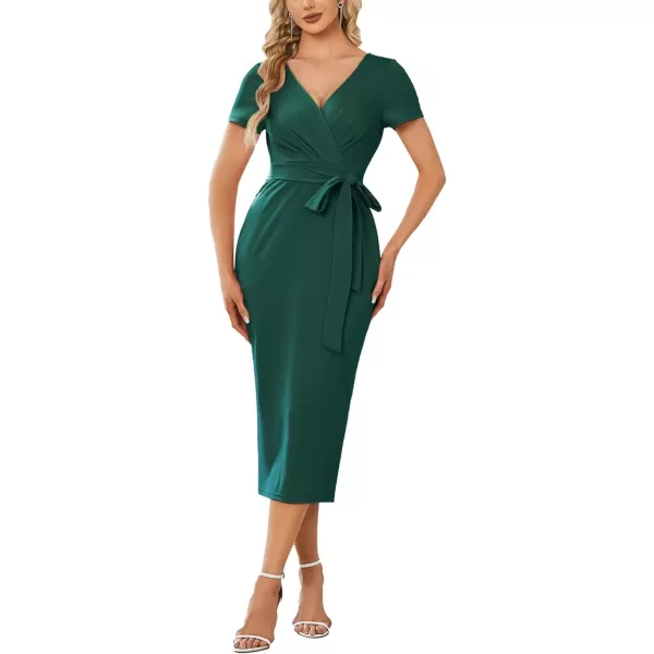 EverPretty Womens V Neck Short Sleeves Wrap Pleated Spring Midi Sheath Dresses 01783Green