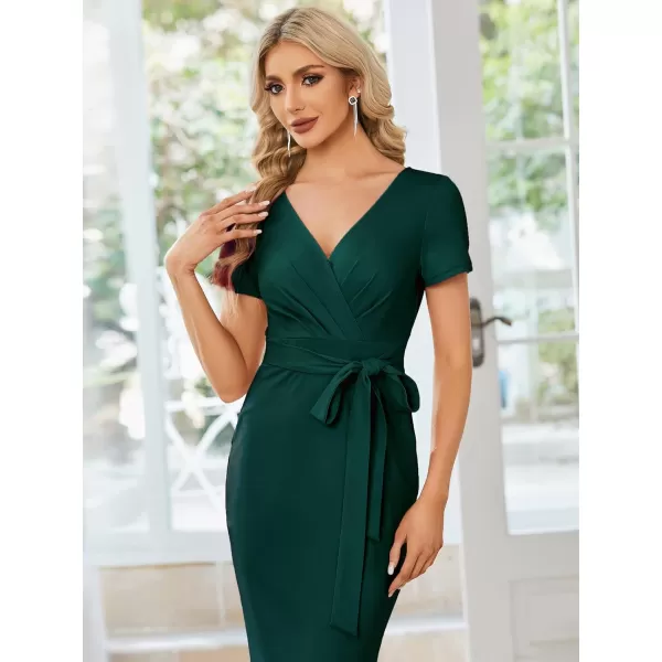 EverPretty Womens V Neck Short Sleeves Wrap Pleated Spring Midi Sheath Dresses 01783Green