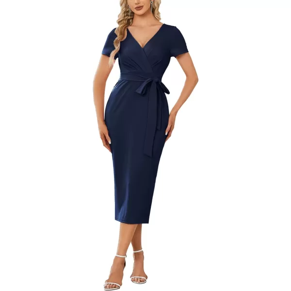 EverPretty Womens V Neck Short Sleeves Wrap Pleated Spring Midi Sheath Dresses 01783Navy Blue