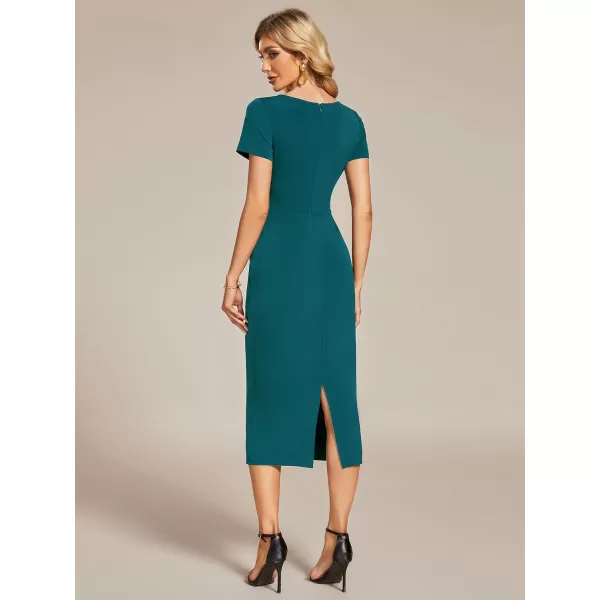 EverPretty Womens V Neck Short Sleeves Wrap Pleated Spring Midi Sheath Dresses 01783Teal