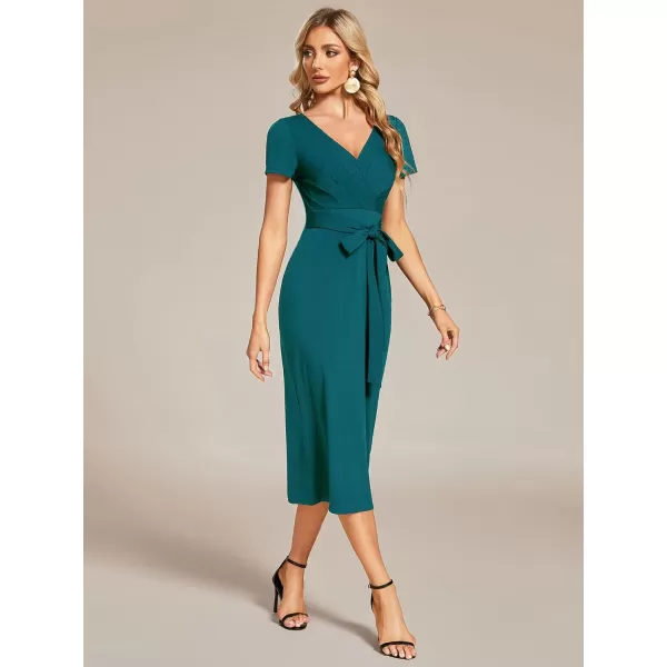 EverPretty Womens V Neck Short Sleeves Wrap Pleated Spring Midi Sheath Dresses 01783Teal