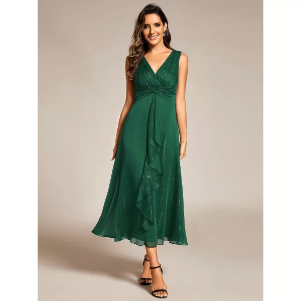 EverPretty Womens V Neck Sleeveless Pleated A Line Summer Dresses Midi Wedding Guest Dresses 11977Dark Green