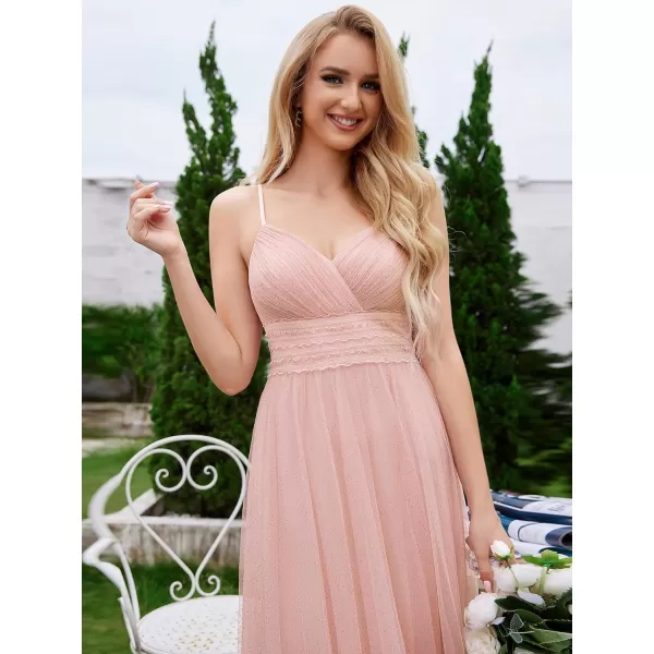 EverPretty Womens V Neck Sleeveless Tulle Bridesmaid Dresses Empire Waist Split A Line Formal Dress 02188Pink