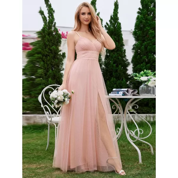 EverPretty Womens V Neck Sleeveless Tulle Bridesmaid Dresses Empire Waist Split A Line Formal Dress 02188Pink