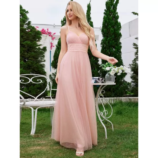 EverPretty Womens V Neck Sleeveless Tulle Bridesmaid Dresses Empire Waist Split A Line Formal Dress 02188Pink