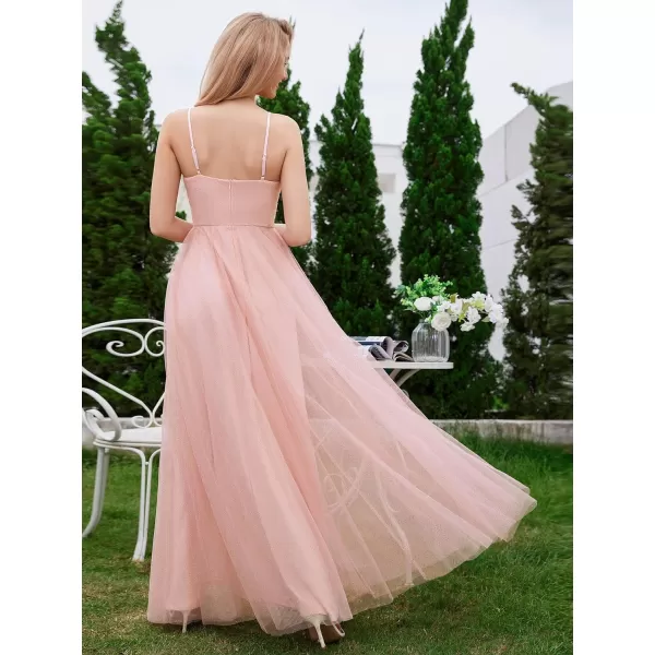 EverPretty Womens V Neck Sleeveless Tulle Bridesmaid Dresses Empire Waist Split A Line Formal Dress 02188Pink