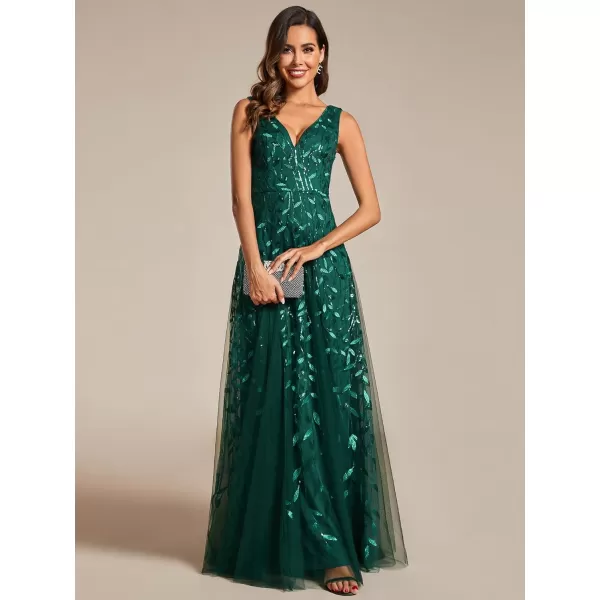 EverPretty Womens V Neck Sleeveless Tulle Hem ALine Sequins Maxi Evening Dress 02130Deep Green