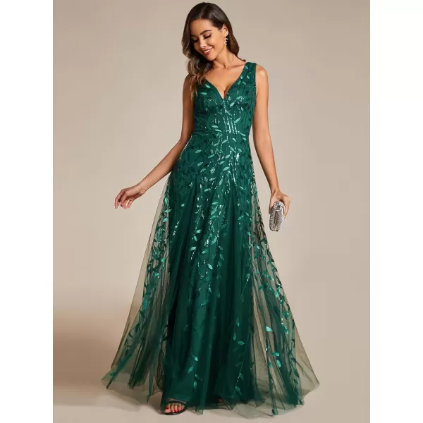 EverPretty Womens V Neck Sleeveless Tulle Hem ALine Sequins Maxi Evening Dress 02130Deep Green