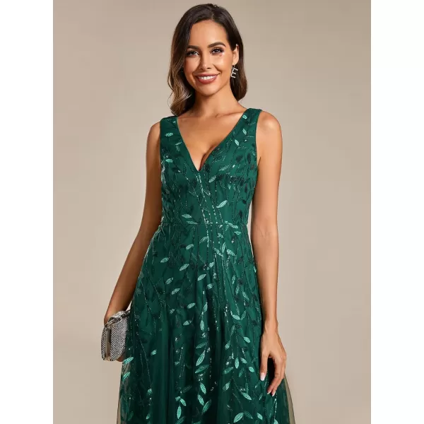 EverPretty Womens V Neck Sleeveless Tulle Hem ALine Sequins Maxi Evening Dress 02130Deep Green