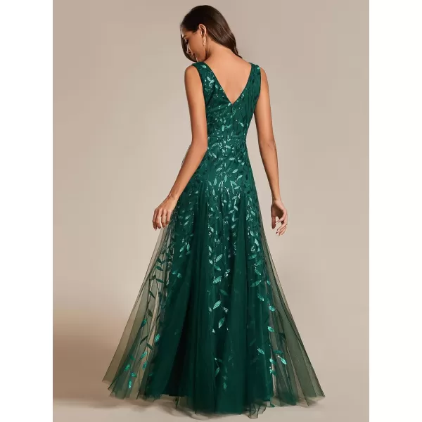 EverPretty Womens V Neck Sleeveless Tulle Hem ALine Sequins Maxi Evening Dress 02130Deep Green