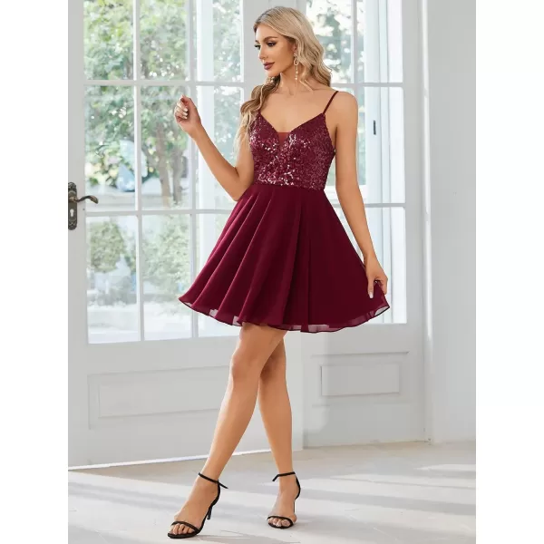 EverPretty Womens V Neck Spaghetti Strap Open Back Sequin A Line KneeLength Wedding Guest Dresses 01740Burgundy