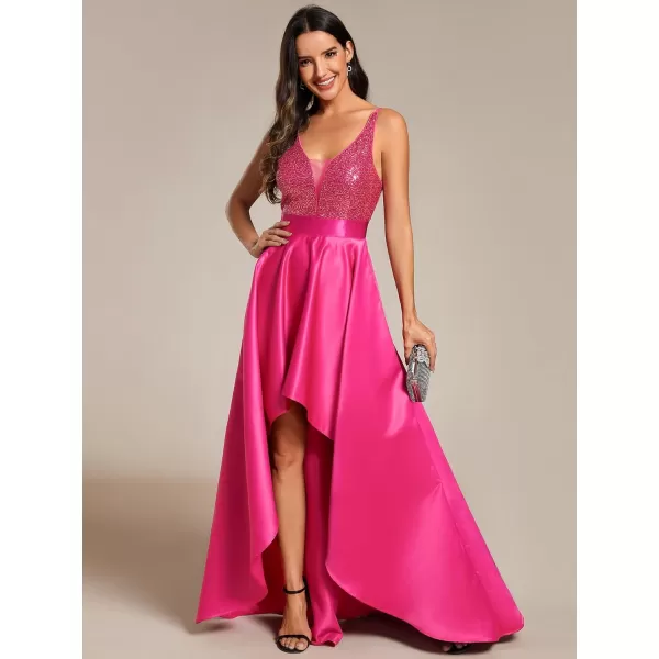 EverPretty Womens VNeck Aline HighLow Party Dress Long Evening Dress 0667Hot Pink