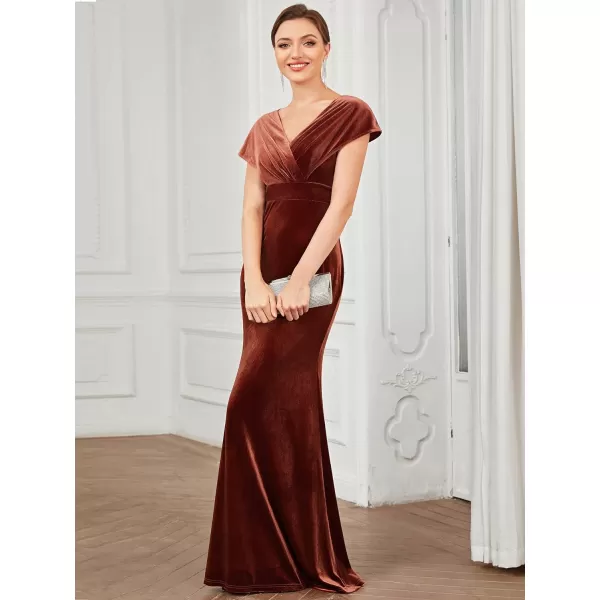 EverPretty Womens VNeck Cap Sleeves Backless Ruched Memaid Velvet Maxi Evening Dress 01474Maroon