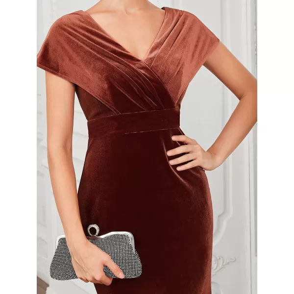 EverPretty Womens VNeck Cap Sleeves Backless Ruched Memaid Velvet Maxi Evening Dress 01474Maroon