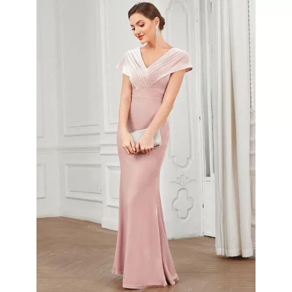 EverPretty Womens VNeck Cap Sleeves Backless Ruched Memaid Velvet Maxi Evening Dress 01474Pink