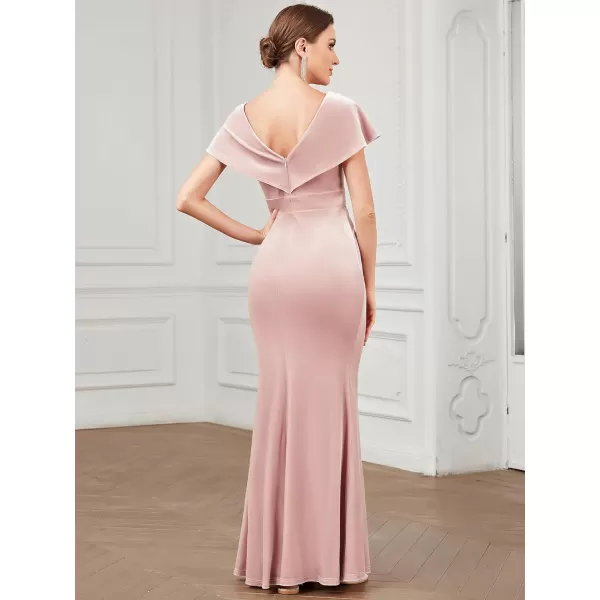 EverPretty Womens VNeck Cap Sleeves Backless Ruched Memaid Velvet Maxi Evening Dress 01474Pink