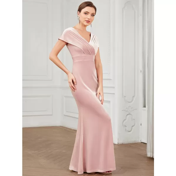 EverPretty Womens VNeck Cap Sleeves Backless Ruched Memaid Velvet Maxi Evening Dress 01474Pink