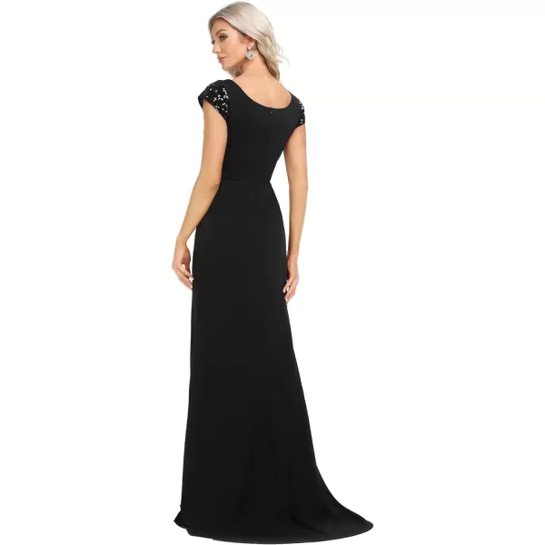 EverPretty Womens VNeck Cap Sleeves Sequin Mermaid FloorLength Evening Dresses 01586Black
