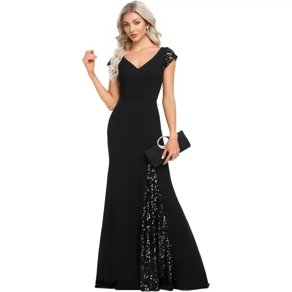 EverPretty Womens VNeck Cap Sleeves Sequin Mermaid FloorLength Evening Dresses 01586Black