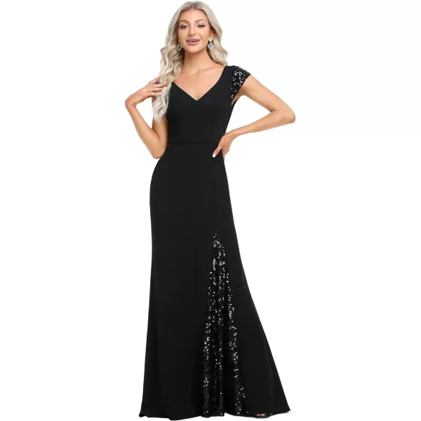 EverPretty Womens VNeck Cap Sleeves Sequin Mermaid FloorLength Evening Dresses 01586Black