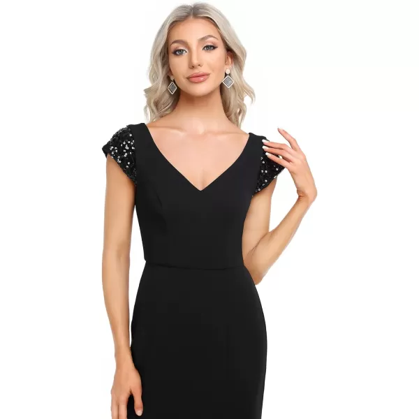 EverPretty Womens VNeck Cap Sleeves Sequin Mermaid FloorLength Evening Dresses 01586Black