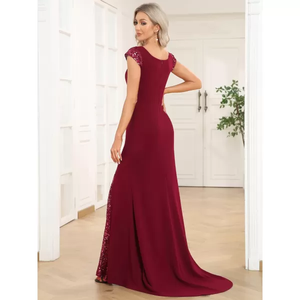EverPretty Womens VNeck Cap Sleeves Sequin Mermaid FloorLength Evening Dresses 01586Burgundy