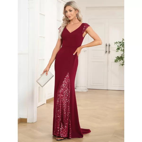 EverPretty Womens VNeck Cap Sleeves Sequin Mermaid FloorLength Evening Dresses 01586Burgundy