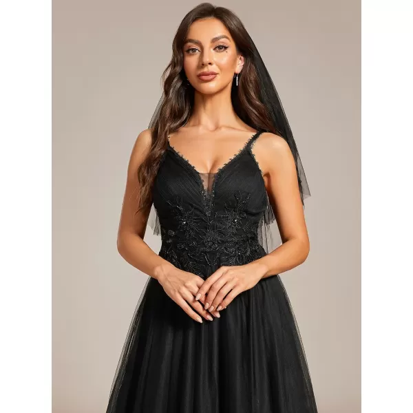 EverPretty Womens VNeck Lace Spaghetti Straps Embroidered Ruched Tulle Wedding Dress 0124ABlack