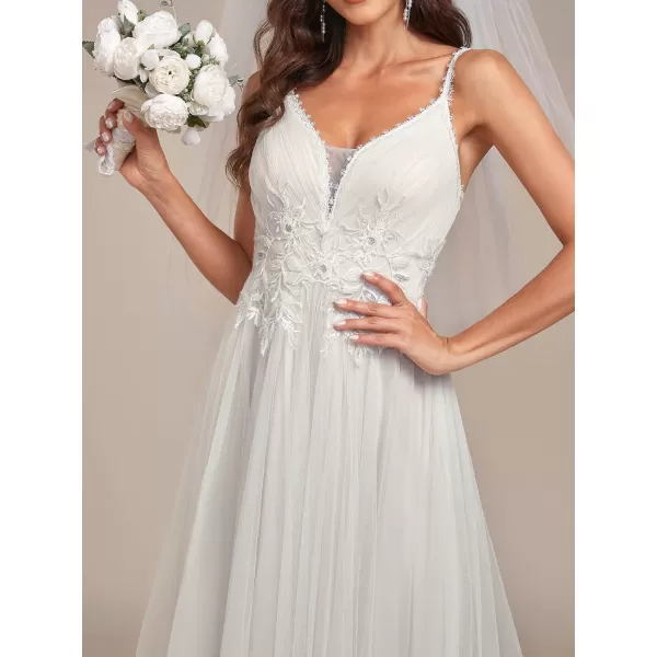 EverPretty Womens VNeck Lace Spaghetti Straps Embroidered Ruched Tulle Wedding Dress 0124AWhite