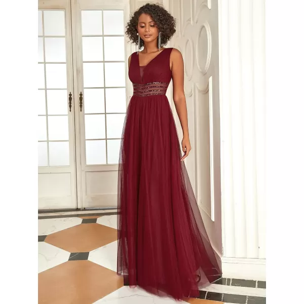 EverPretty Womens VNeck Pleated Sequin Sleeveless Tulle Long Evening Gowns 0062BBurgundy